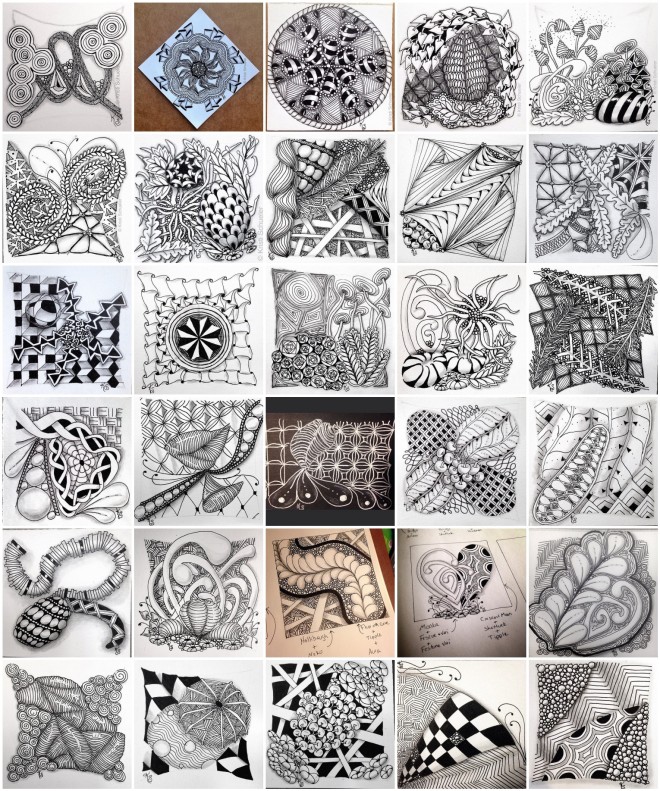 Mosaic of the first 28 days of exercises from One Zentangle A Day.